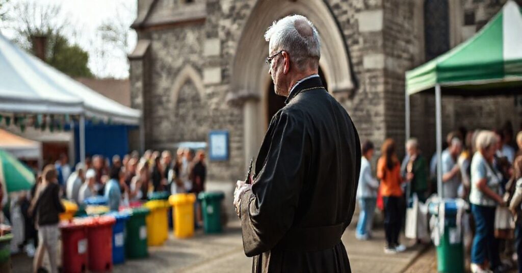 Praszkowity ksiądz stoi na progu tradycyjnej parafii, patrząc melankolicznie na ekologiczny festyn odbywający się na podwórzu kościoła. Festyn prezentuje kolorowe namioty, pojemniki na recykling i śmiejących się ludzi. Ksiądz trzyma różaniec w ręku.