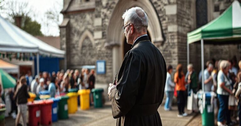 Praszkowity ksiądz stoi na progu tradycyjnej parafii, patrząc melankolicznie na ekologiczny festyn odbywający się na podwórzu kościoła. Festyn prezentuje kolorowe namioty, pojemniki na recykling i śmiejących się ludzi. Ksiądz trzyma różaniec w ręku.