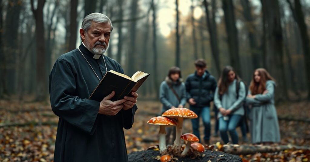 Tradycyjny ksiądz w ciemnym sutannie stojący przed grupą młodych ludzi zbierających się wokół czerwonego muchomora w lesie. Scena podkreśla niebezpieczeństwo psychoaktywnych substancji.