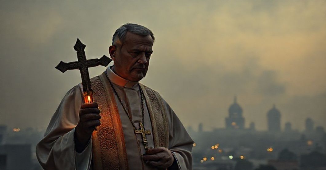 Tradycyjny ksiądz w liturgicznych szatach trzymający krzyż przed zanieczyszczonym smogiem Delhi podczas Diwali.