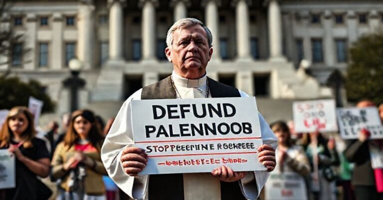 Ksiądz w tradycyjnych szatach liturgicznych przed budynkiem rządowym protestuje przeciw finansowaniu Planned Parenthood