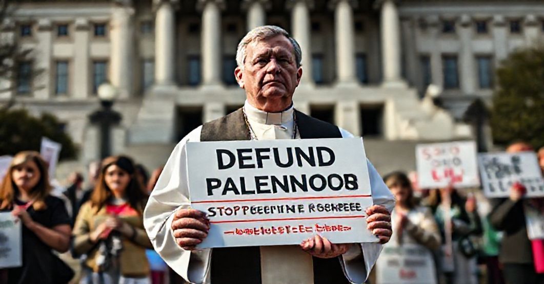 Ksiądz w tradycyjnych szatach liturgicznych przed budynkiem rządowym protestuje przeciw finansowaniu Planned Parenthood