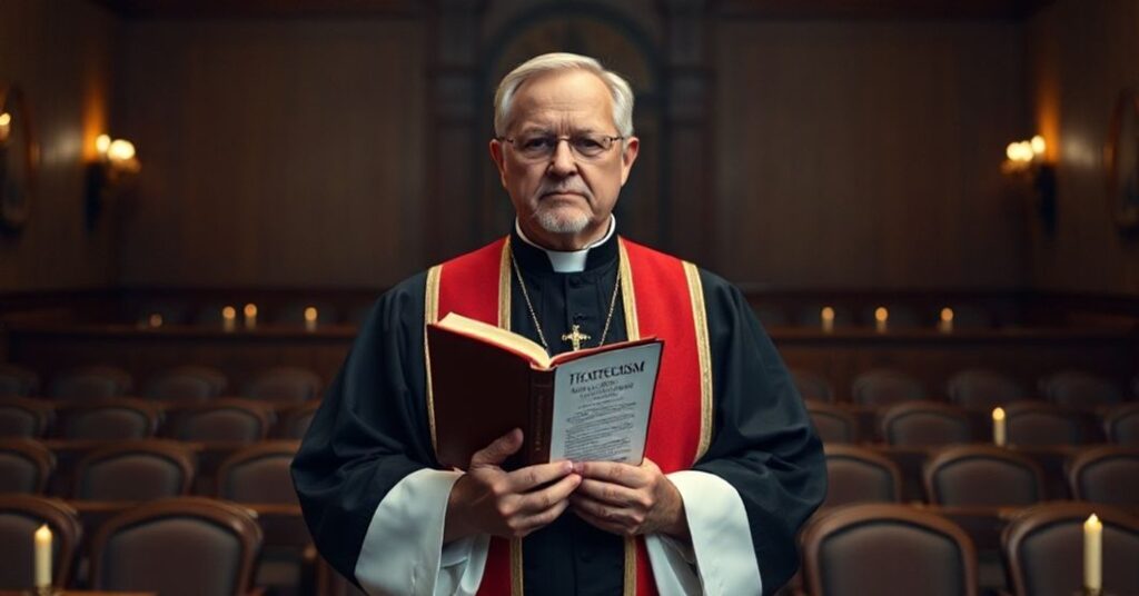 Ksiądz w tradycyjnych szatach kościelnych przewodniczy zebraniu katolickiemu, podnosząc Katechizm w gestie protestu przeciwko egzekucjom bez sądu