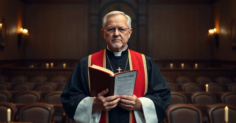 Ksiądz w tradycyjnych szatach kościelnych przewodniczy zebraniu katolickiemu, podnosząc Katechizm w gestie protestu przeciwko egzekucjom bez sądu