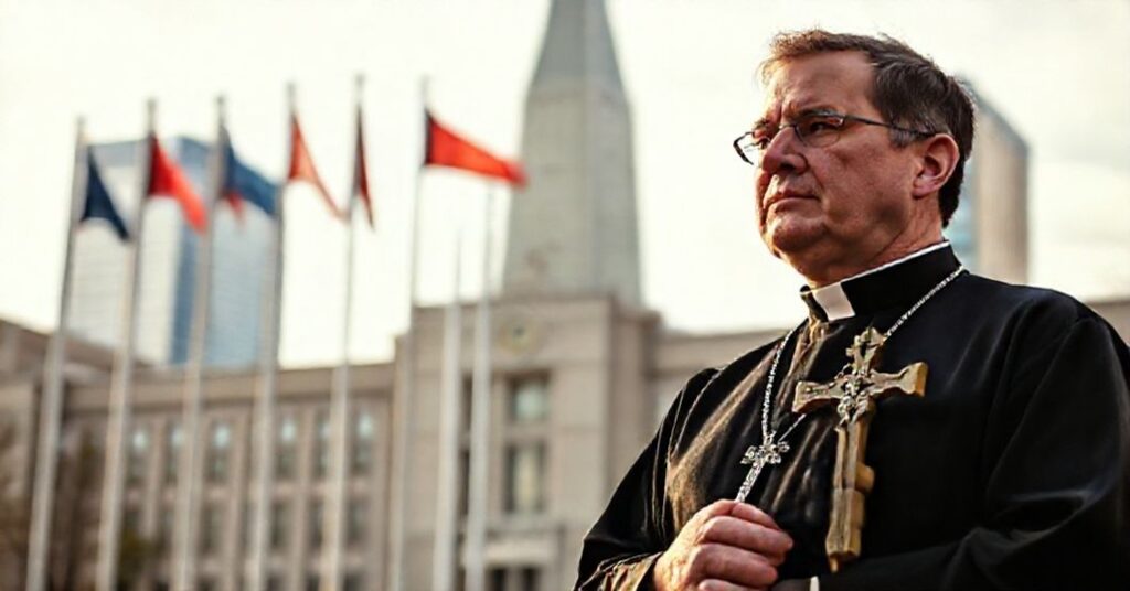 Ksiądz katolicki przed Ratuszem w Calgary trzymający krzyż na tle pustych masztów flagowych