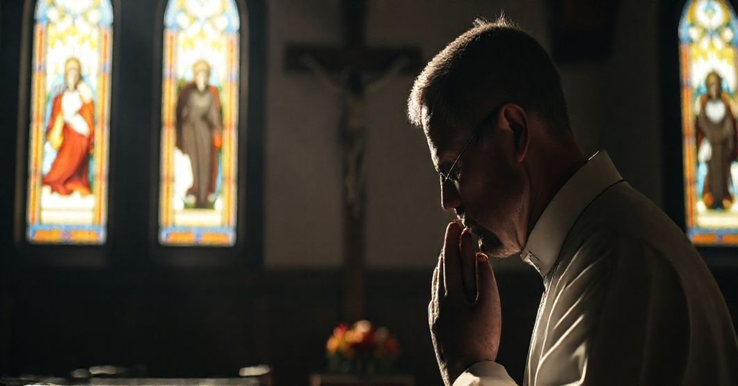 Kneeling priest in traditional vestments prays before a crucifix in a dimly lit chapel.