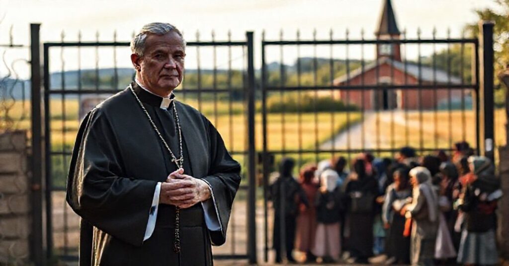 Tradycyjny ksiądz katolicki przed bramą ośrodka detencyjnego, modlący się i patrząc z troską na grupę migrantów.