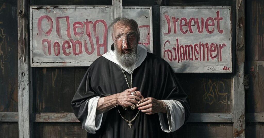 Katolicki ksiądz w tradycyjnych szatach liturgicznych przed zniszczonym rzeźniem, trzymający różaniec i patrzący z miłością i stanowczością. Tło przedstawia częściowo zasłonięty graffiti napis 'Ochrona nienarodzonych'.