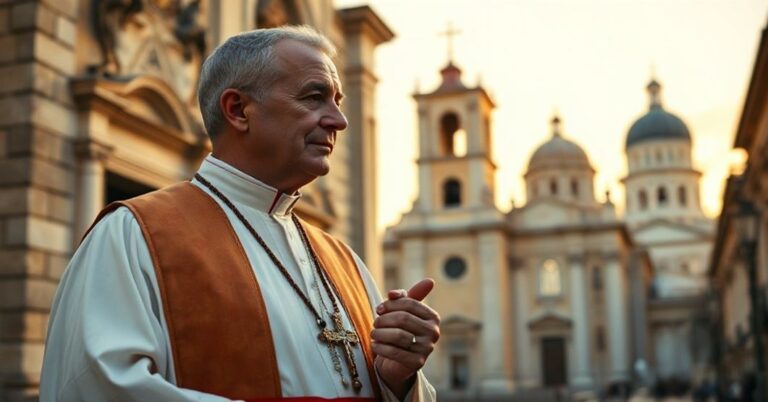Ksiądz w tradycyjnych szatach liturgicznych stojący przed ruinami kościoła, trzymający różaniec i patrzący na odległy budynek rządowy.