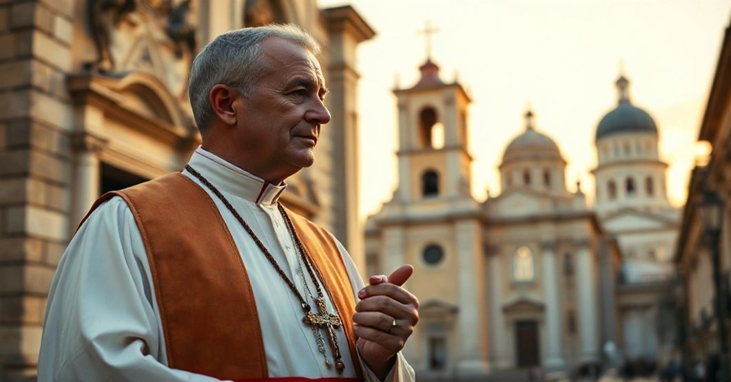 Ksiądz w tradycyjnych szatach liturgicznych stojący przed ruinami kościoła, trzymający różaniec i patrzący na odległy budynek rządowy.