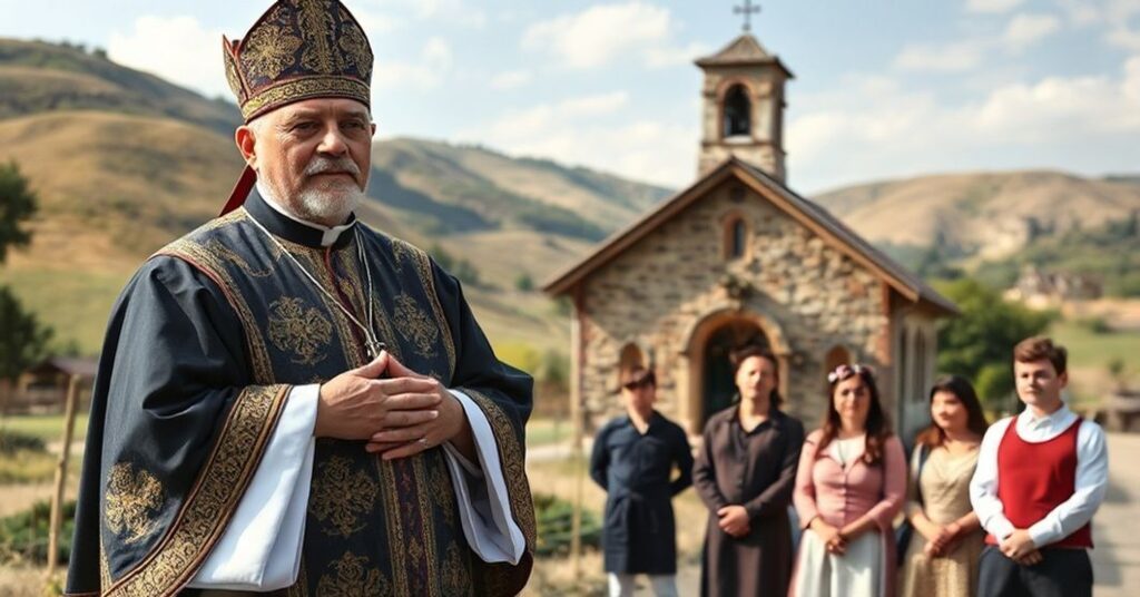 Tradycyjny katolicki ksiądz w liturgicznych szatach przemawia do młodych ludzi przed kościołem w malowniczym krajobrazie europejskim