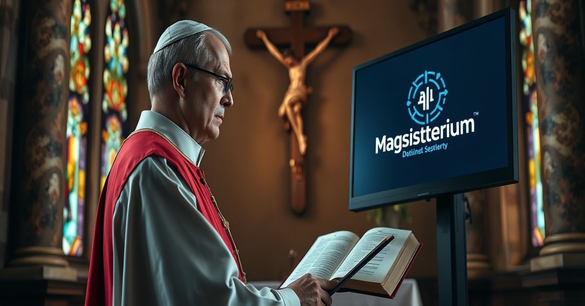Tradycyjny ksiądz katolicki w szatach liturgicznych patrzy z troską na komputerowy ekran wyświetlający logo 'Magisterium AI', symbolizując konflikt między autentyczną tradycją a nowoczesną herezją technokratyczną.