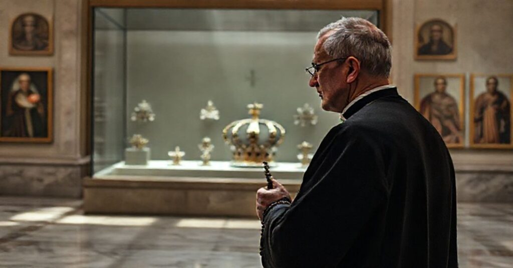 Tradycyjny ksiądz w modlitwie przed uszkodzonym witrażem w Luwrze po kradzieży koronnych klejnotów