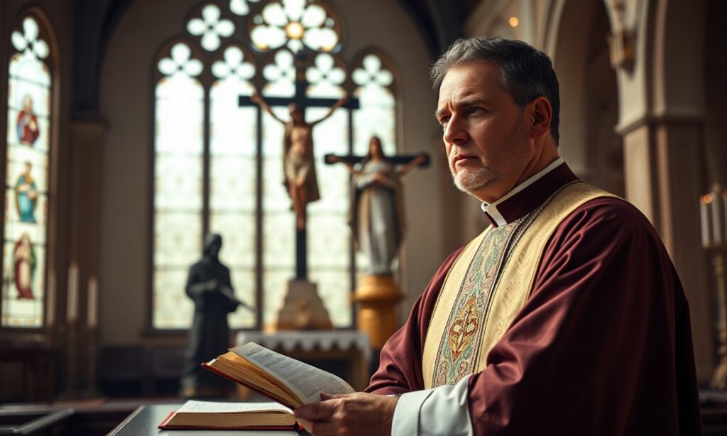 Ksiądz w tradycyjnym stroju liturgicznym stojący obok otwartej Biblii w ciemnym wnętrzu kościoła z krzyżem i figurą Matki Boskiej na tle.