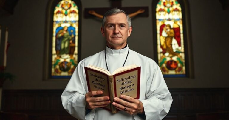 Ksiądz w tradycyjnym habicie przed krzyżem, trzymając książkę z tytułem 'Niemożliwy dialog z islamem', symbolizujący walkę o prawdę wiary.