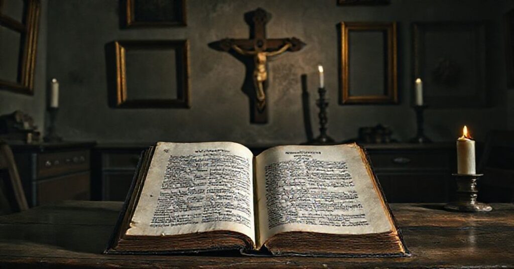 Przymierzona kopia książki 'La forza del Vangelo' przez Roberta Prevosta na starym biurku w ciemnym pokoju.