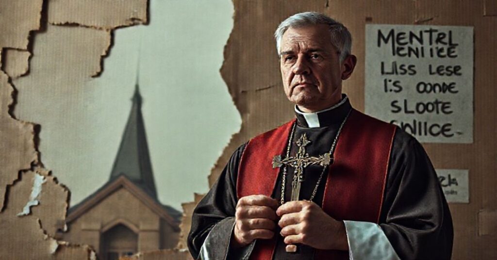 Księże w tradycyjnych szatach stojący przed murem z kartonowymi napisami dotyczącymi zdrowia psychicznego