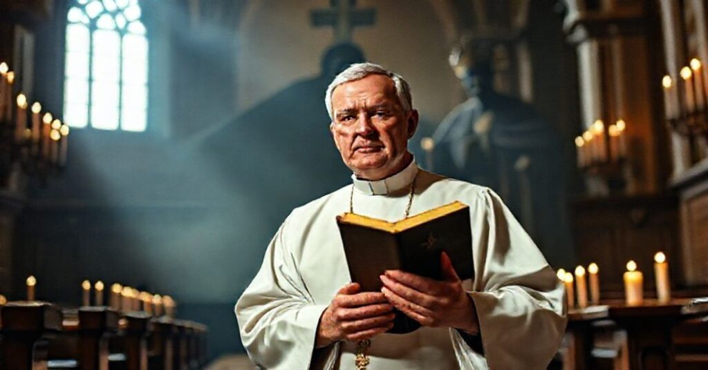 Prawdziwy katolicki ksiądz trzymający Biblię w tradycyjnym kościele z płomienniej światłem świec w tle.