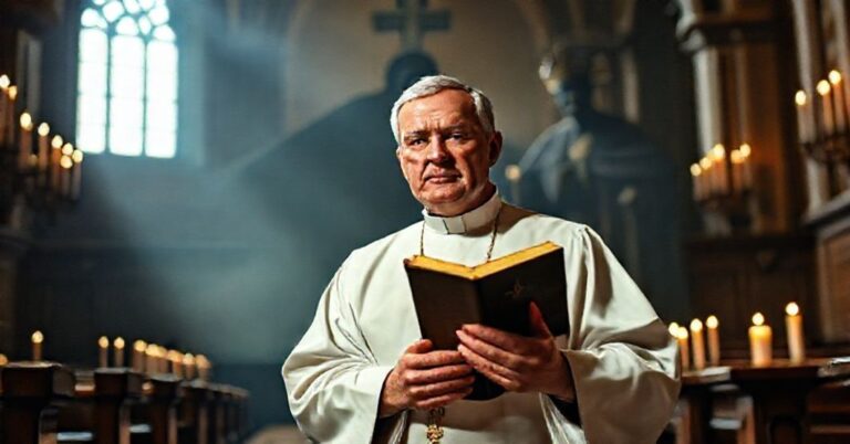 Prawdziwy katolicki ksiądz trzymający Biblię w tradycyjnym kościele z płomienniej światłem świec w tle.