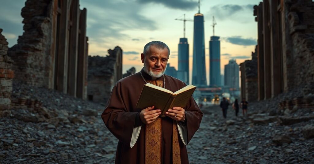 Tradycyjny ksiądz katolicki w ornaty przed ruinami nowoczesnego 'Miasta Pokoju' w Gwinei Równikowej