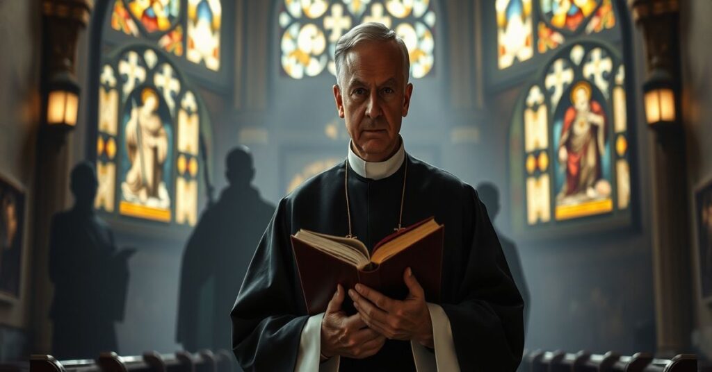 Tradycyjny ksiądz katolicki w pełnym stroju liturgicznym trzymający zamkniętą książkę w ciemnej kaplicy z wizerunkami pogańskich mitów na tle.