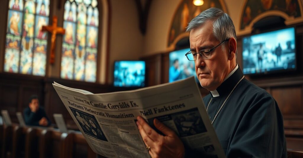 Tradycyjny katolicki ksiądz sedewakantystów czytający artykuł o "kard." Pablo Virgilio Davidzie w ciemnej kościelnej scenerii z obrazami wojny i cierpienia migracji.