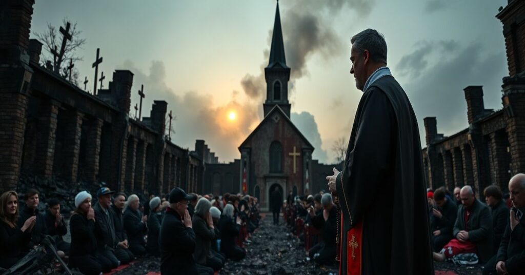 Prawdopodobnie najbardziej znany obraz destrukcji kościołów w Kanadzie: ksiądz modli się przed spaloną świątynią z pogrzebanymi krzyżami.