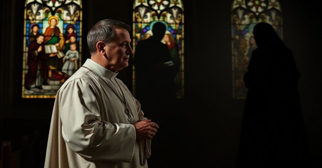 Ksiądz w tradycyjnych szatach liturgicznych modli się w ciemnej kaplicy, symbolizując skargę na surrogację i moralny upadek