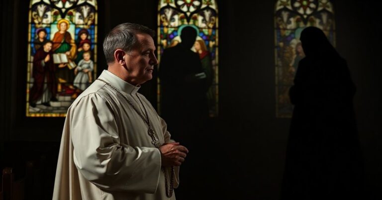 Ksiądz w tradycyjnych szatach liturgicznych modli się w ciemnej kaplicy, symbolizując skargę na surrogację i moralny upadek
