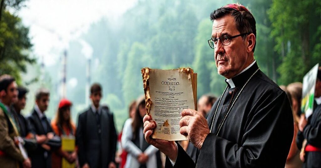 Ksiądz katolicki w tradycyjnych szatach kapłańskich stoi przed grupą aktywistów ekologicznych podczas konferencji COP30, trzymając zniszczony egzemplarz Katechizmu.