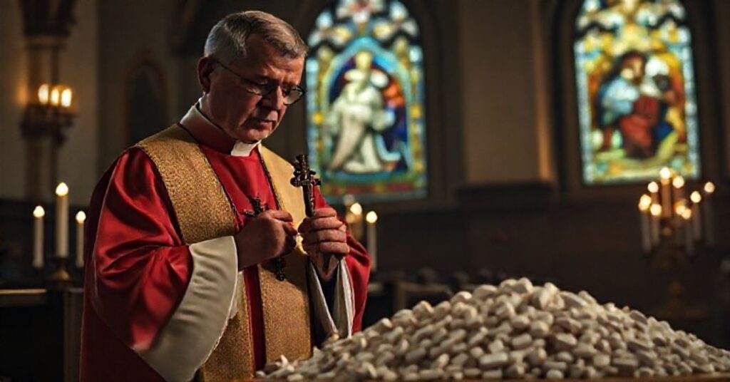 Ksiądz katolicki w tradycyjnych ornatach trzyma krzyż przed stosem pigułek aborcyjnych w oświetlonym świetlicy kościelnej