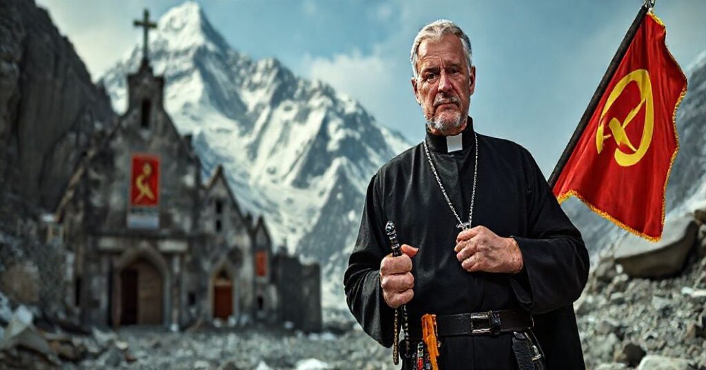 Portret księdza w sutannie przed ruinami kościoła z komunistyczną propagandą, symbolizujący konflikt między powołaniem kapłańskim a alpinizmem