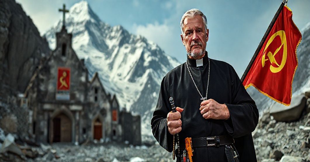 Portret księdza w sutannie przed ruinami kościoła z komunistyczną propagandą, symbolizujący konflikt między powołaniem kapłańskim a alpinizmem
