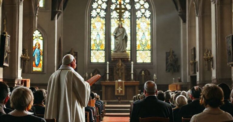 Zdjęcie wnętrza tradycyjnego kościoła katolickiego z księdzem w szatach sprzed soboru II watykańskiego na kazalnicy. Scena ukazuje skupioną wspólnotę wiernych słuchających kazania o zdradzie nauk kościelnych dotyczących imigracji i tytułu Współodkupicielki Maryi.
