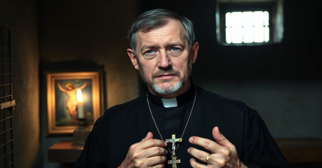 Portret uwięzionego księdza Anatola Parachniewicza w ciemnej celi więziennej podczas Wielkiego Tygodnia.