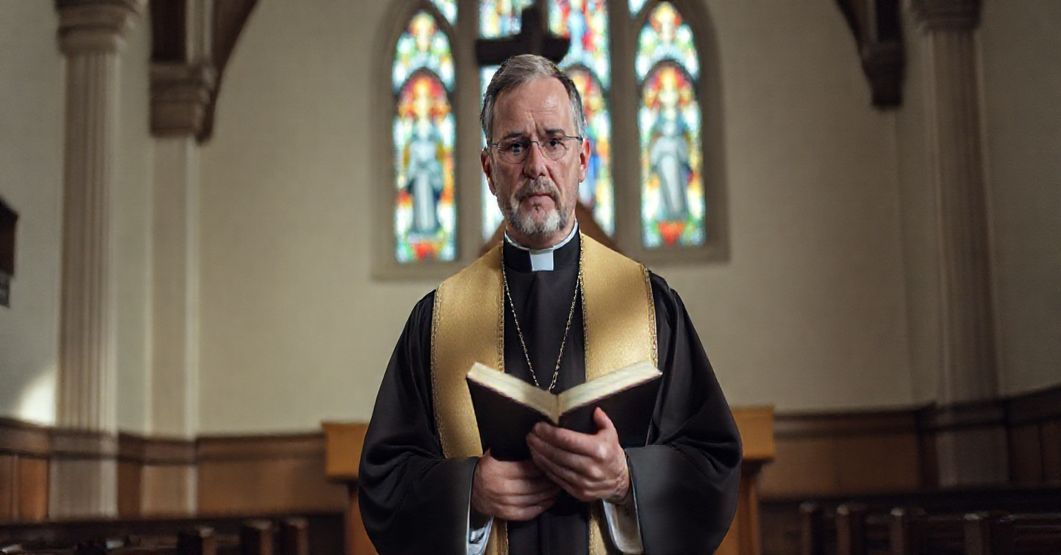 Katolicki ksiądz w tradycyjnych szatach stoi przed amboną, trzymając zamkniętą Biblię. Scena jest uroczysta i poważna, z subtelnymi akcentami konfliktu między prawem Bożym a tyranią państwa.