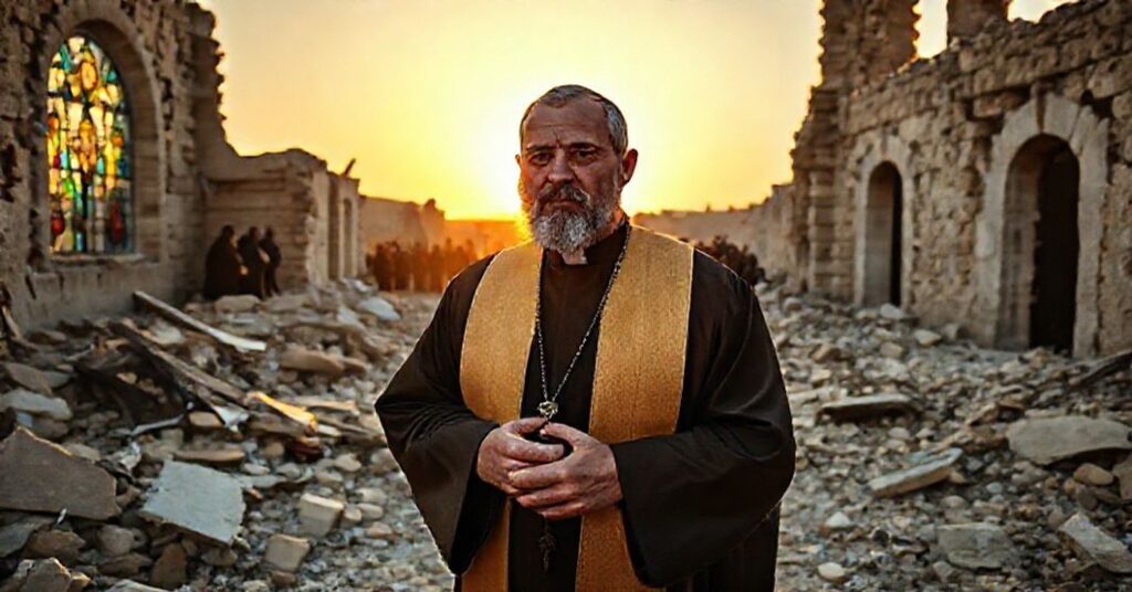 Portret księdza Bashara Fawadleha w tradycyjnych szatach kościelnych przed zniszczonym kościołem w Taybeh na Zachodnim Brzegu