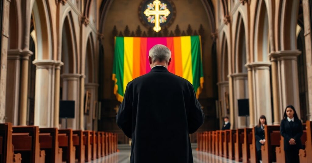 Kapłan katolicki modli się w zrujnowanej kaplicy z tęczową flagą na ołtarzu zamiast Najświętszego Sakramentu