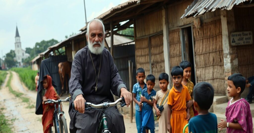 Stary kapłan w tradycyjnym sutannie jeżdżący rowerem przez wiejską wioskę w Bangladeszu, otoczony przez niepełnosprawne dzieci, z widocznym kościołem na tle