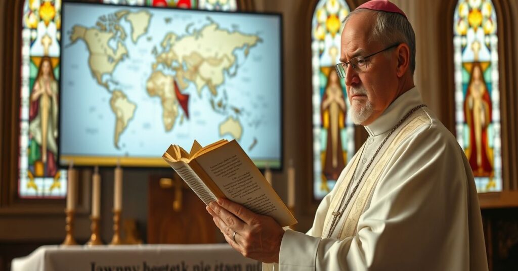 Ksiądz w tradycyjnym stroju liturgicznym czyta Syntactum Piusa X na tle zniszczonych krzyżów i globalnej mapy.