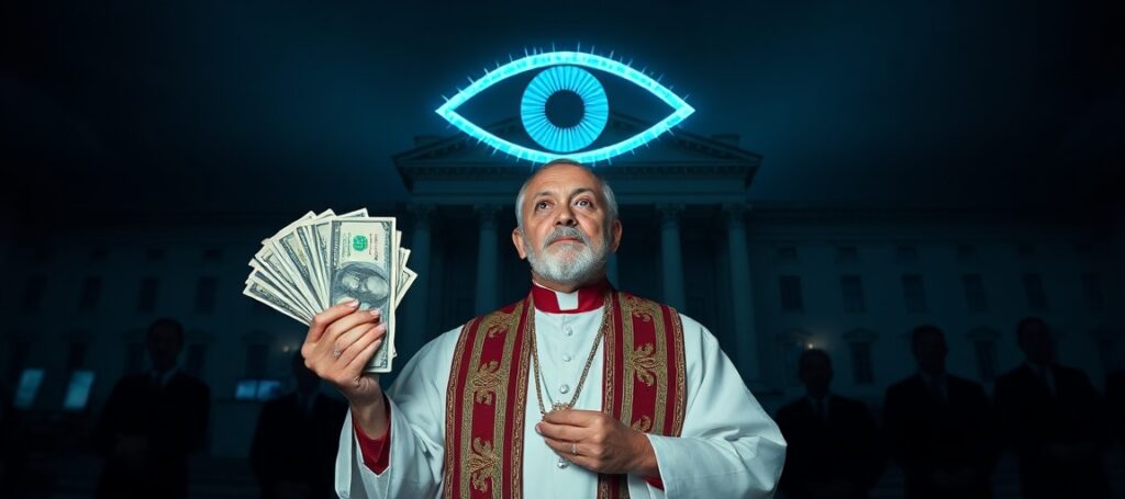 Ksiądz katolicki w tradycyjnych parametrach liturgicznych stoi przed gmachem Senatu USA z gotówką w ręku podczas wprowadzania CBDC