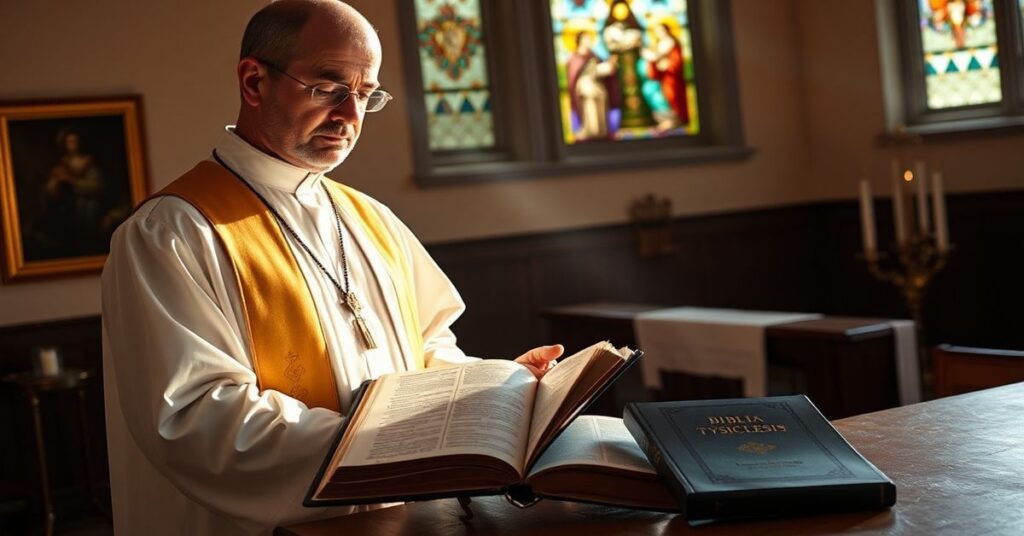 Ks. w tradycyjnym ornaty czyta tradycyjną Biblię przed witrażem przedstawiającym Mękę Chrystusa podczas modlitwy w kaplicy.