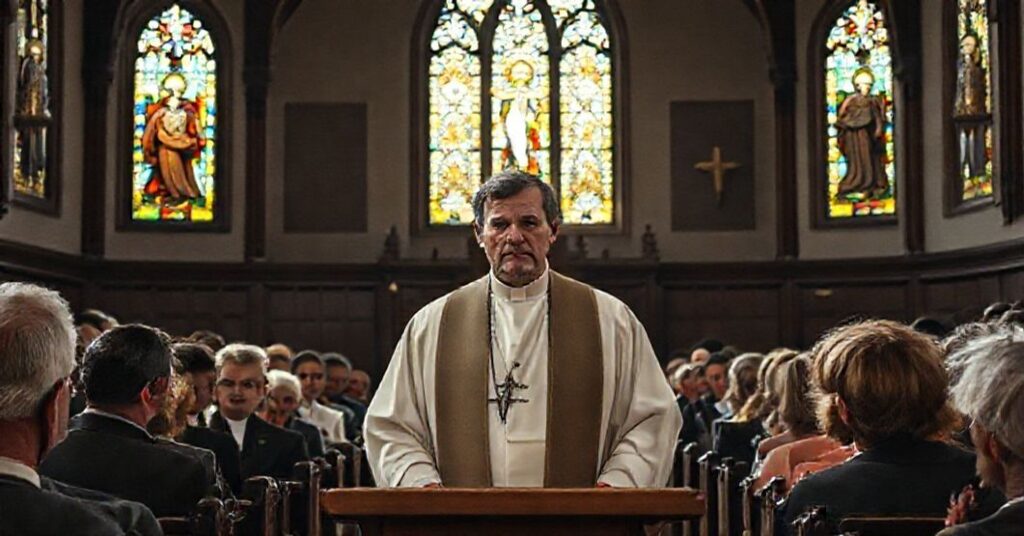 Wnętrze tradycyjnego kościoła katolickiego z kapłanem używającym wulgaryzmów podczas kazania.