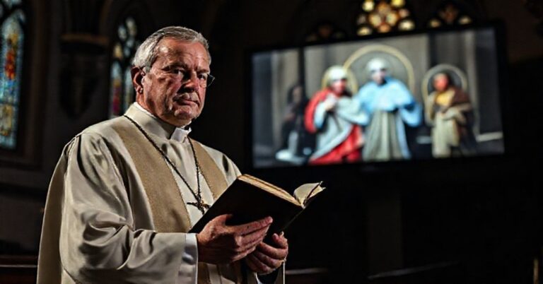 Ksiądz w tradycyjnych szatach liturgicznych stoi przed ekranem z fałszywymi obrażkami świętych, wyrażając głęboką troskę moralną
