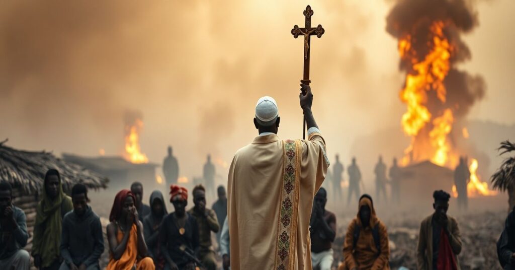 Katolicki ksiądz w tradycyjnych szatach prowadzi publiczną aktę pokuty i wyganiania złych duchów w niszczonej wiosce w Nigerii, otoczony przerażonymi mieszkańcami
