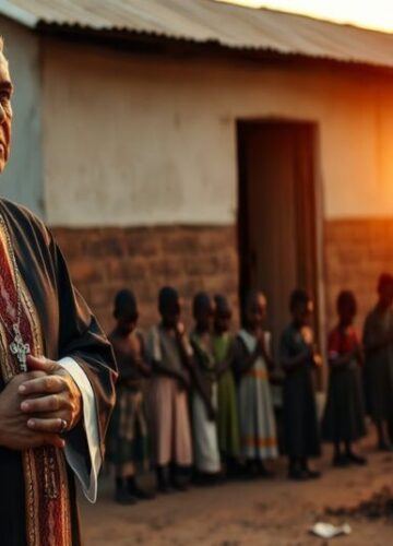 Ksiądz przed szkołą w Zambii - brak prawdziwej ewangelizacji Tradycyjny katolicki ksiądz w ornatach stojący przed szkołą w afrykańskim buszu z różańcem w ręku; dzieci modlące się na tle zachodzącego słońca.