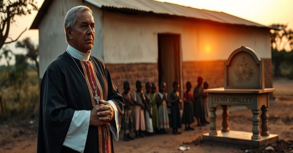 Tradycyjny katolicki ksiądz w ornatach stojący przed szkołą w afrykańskim buszu z różańcem w ręku; dzieci modlące się na tle zachodzącego słońca.