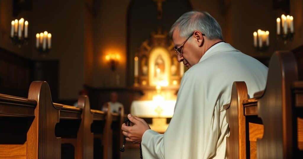 Zdjęcie tradycyjnego kapłana modlącego się w ciszy kościoła przed tabernakulum z różańcem w dłoni – twarz wyraża pokorę i poważne ostrzeżenie dotyczące milczenia Kościoła wobec prawd ostatecznych.