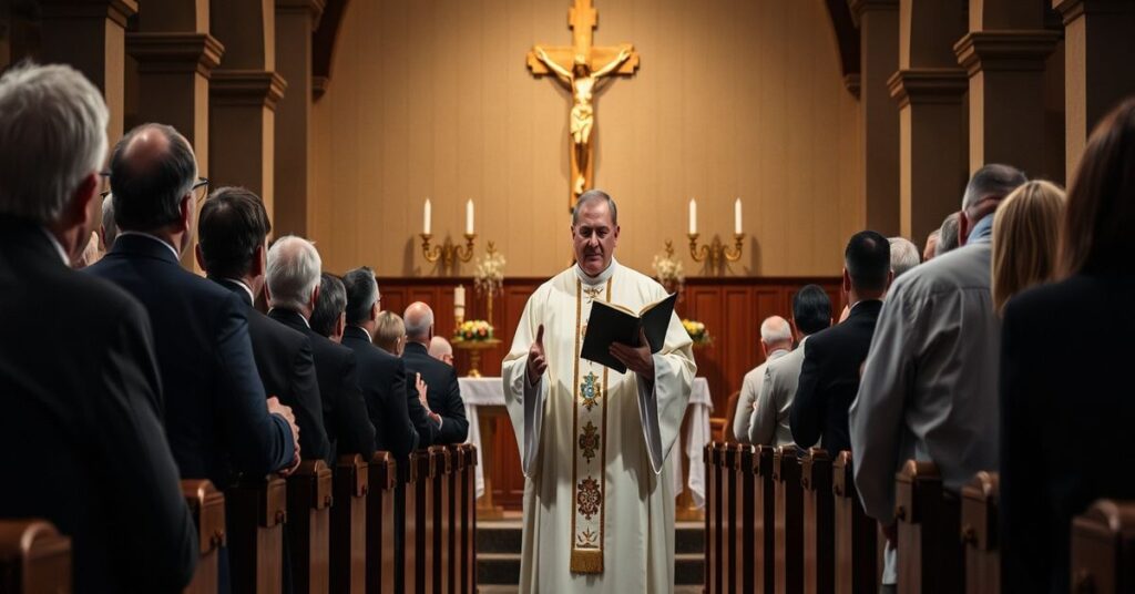 Ksiądz w liturgicznych szatach stojący przed ołtarzem z krzyżem, otoczony skupionymi wiernymi. Scena przekazuje poważne podejście do tematu represji wobec prawdy o płci w świetle nauki katolickiej.