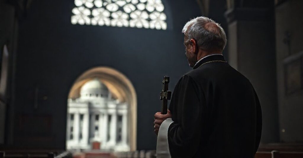 Ksiądz katolicki w tradycyjnym stroju patrzy z troską na budynek rządowy, symbolizując konflikt między prawem boskim a ustawami unijnymi.